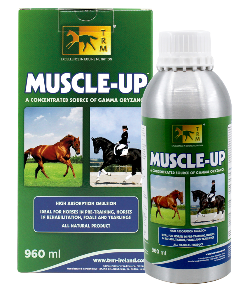 Produto Muscle-Up para cavalos com rótulo verde e imagens de cavalos