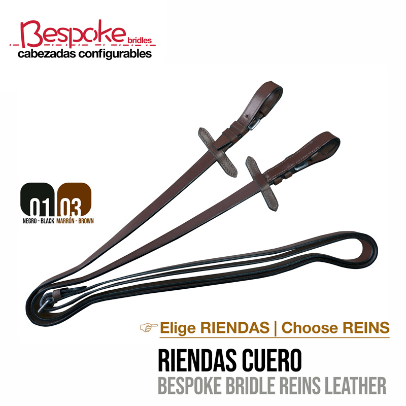 Rédeas de couro para cabrestos em preto e castanho com texto promocional da marca Bespoke.