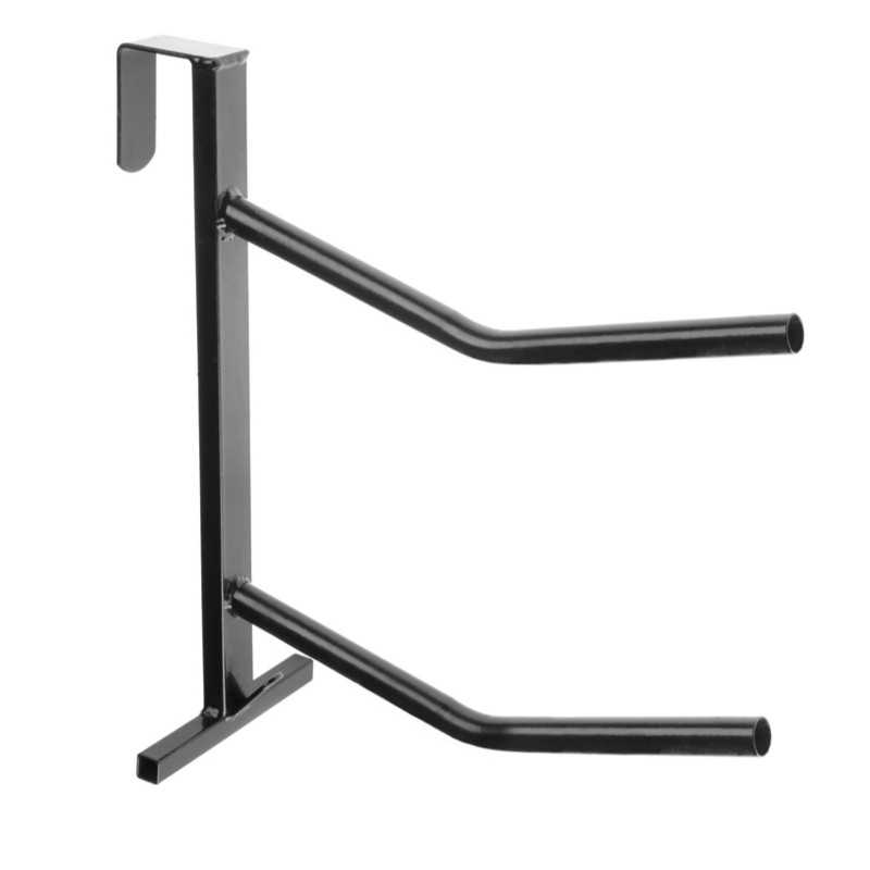 Suporte metálico preto com dois braços horizontais e gancho para pendurar.