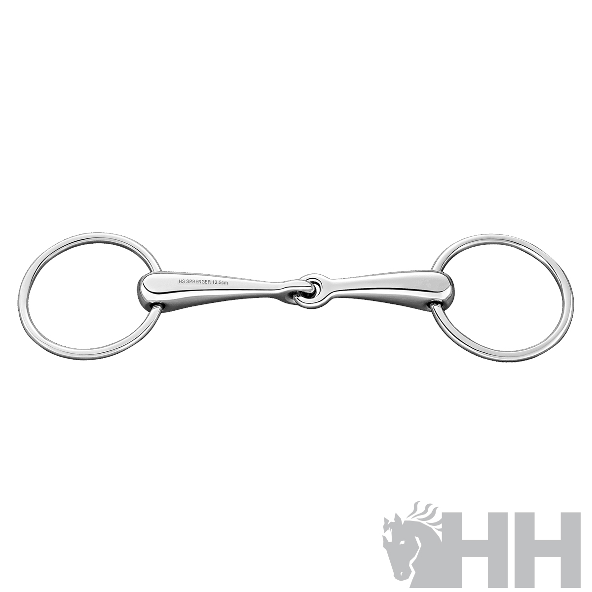 Freio metálico para cavalo com duas argolas e peça central articulada