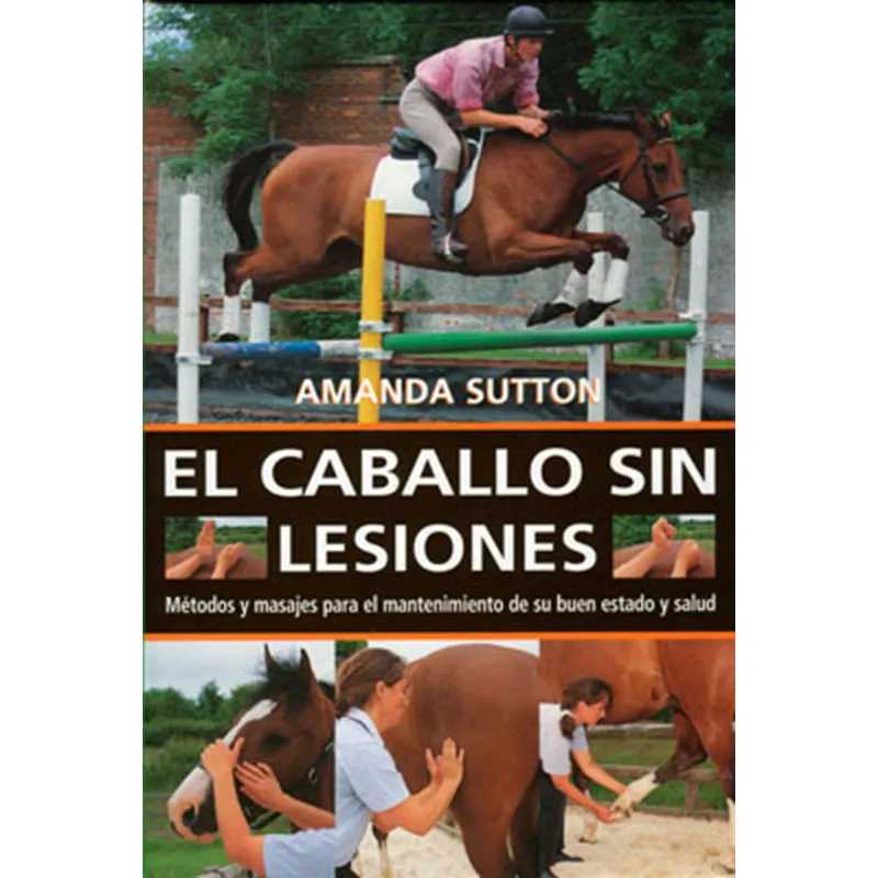 Capa de livro sobre cuidados e massagens em cavalos com imagens de cavalo e cavaleiro.