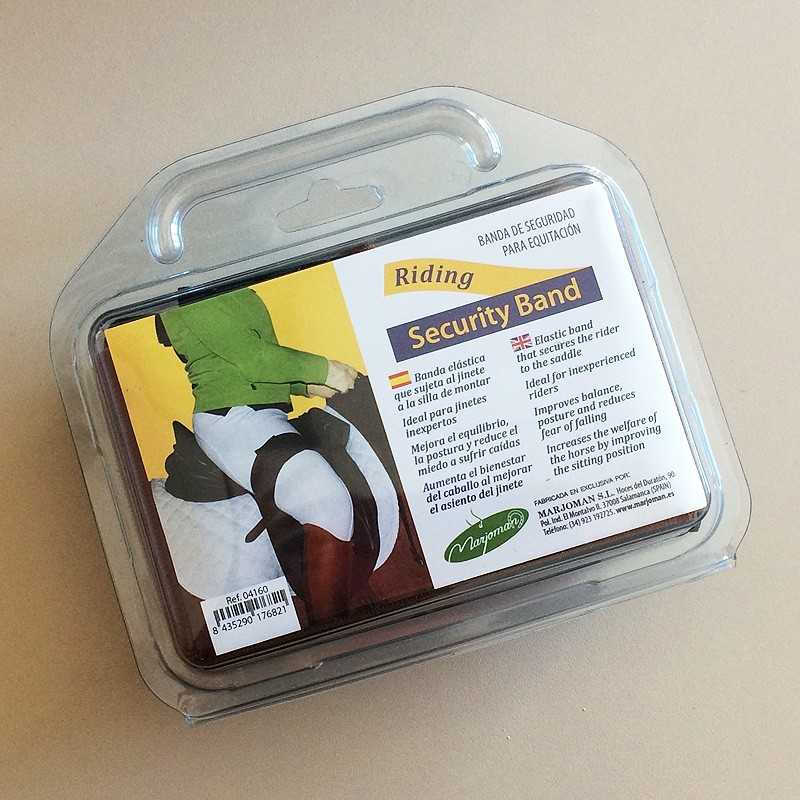 Embalagem plástica com Banda de Segurança para Equitação e rótulo com informações e imagem de cavaleiro