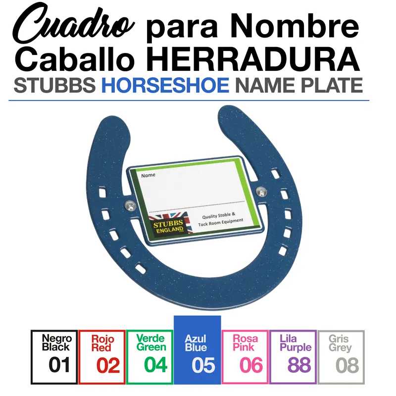 Placa de ferradura azul com placa de nome e opções de cores