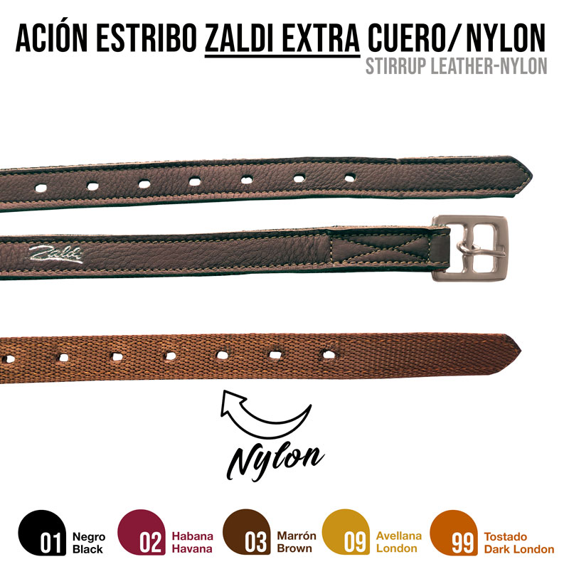 Duas correias para estribo em couro e nylon, uma preta com fivela metálica e outra castanha, com texto e paleta de cores ao fundo.