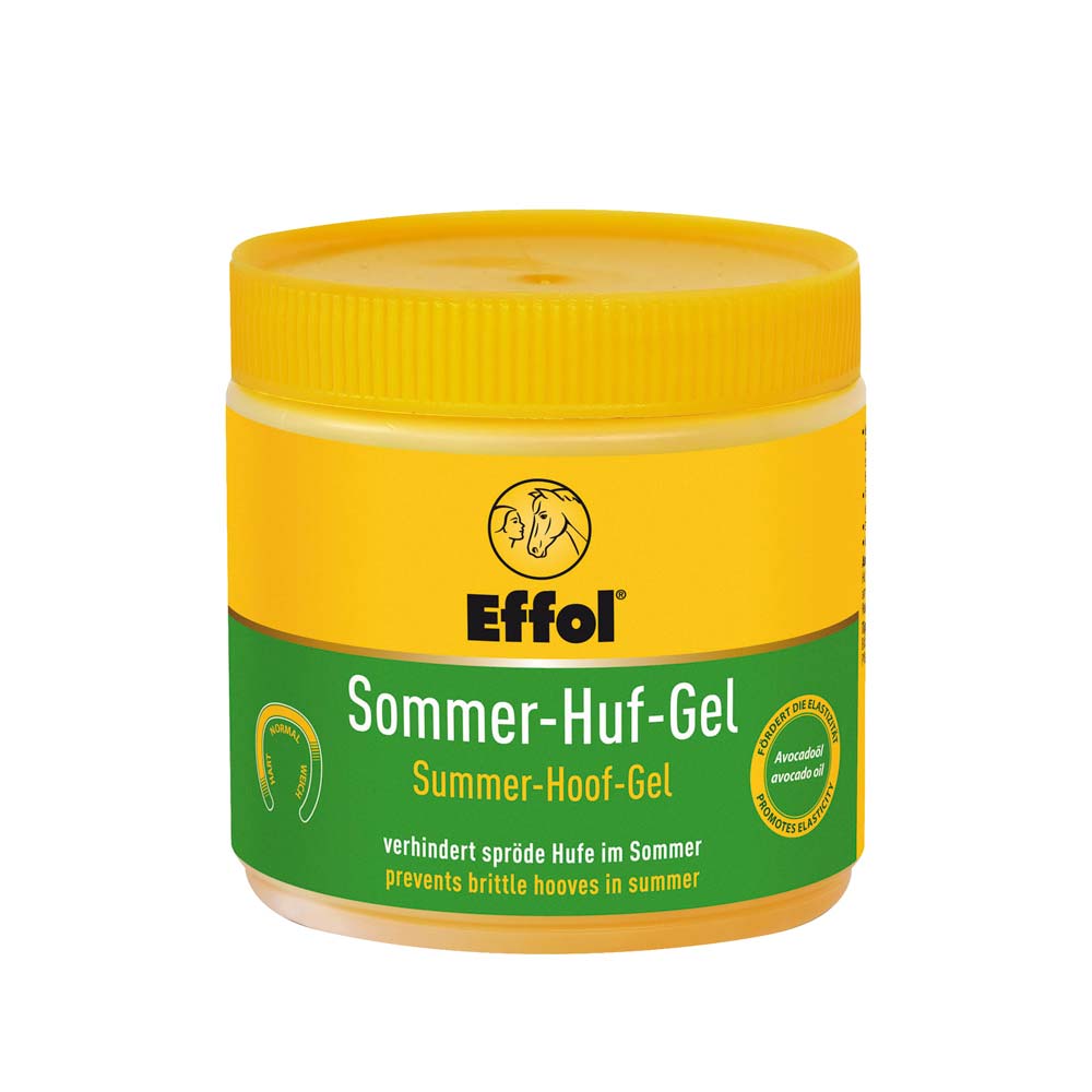 Frasco amarelo e verde de gel para cascos de cavalo Effol com tampa amarela.