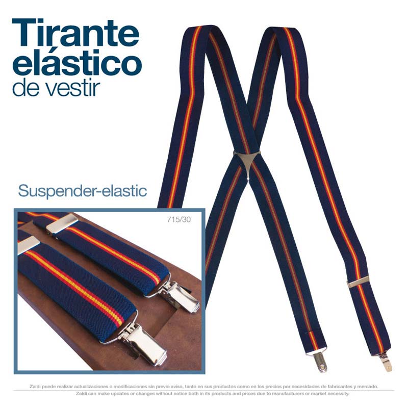 Tirante elástico azul com riscas coloridas e presilhas metálicas