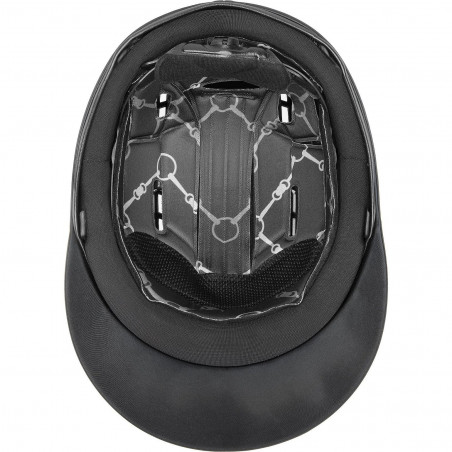 Capacete preto com interior acolchoado e padrão geométrico cinza