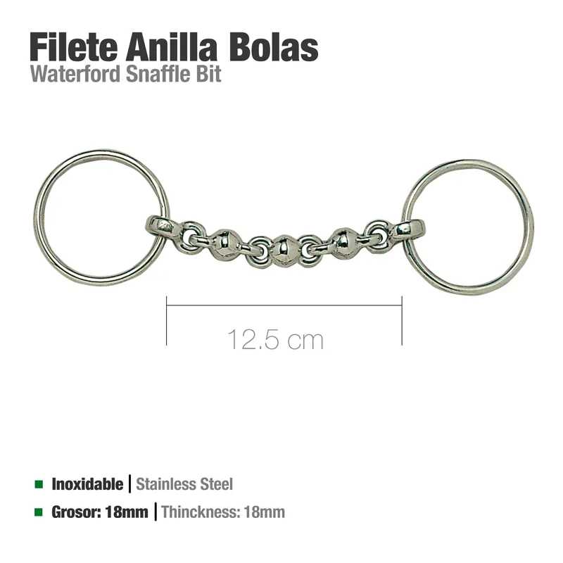 Filete Anilla Bolas Waterford Snaffle Bit em aço inoxidável com argolas e bolinhas metálicas