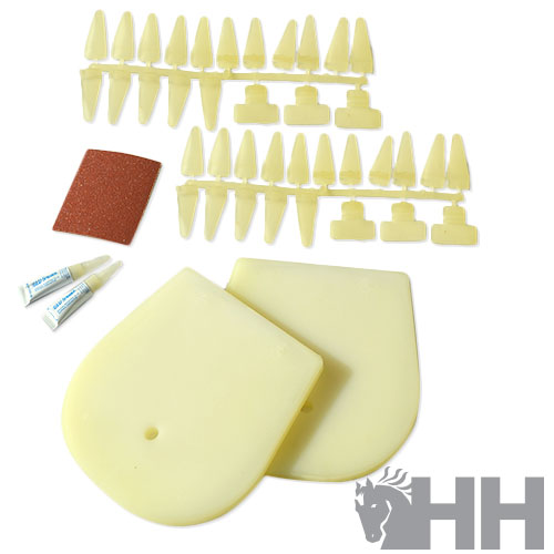Kit de modelagem dental com peças plásticas amarelas e lixa castanha