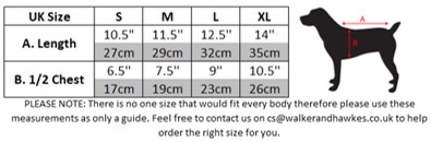 Tabela de tamanhos UK para roupa de cão com medidas em polegadas e centímetros