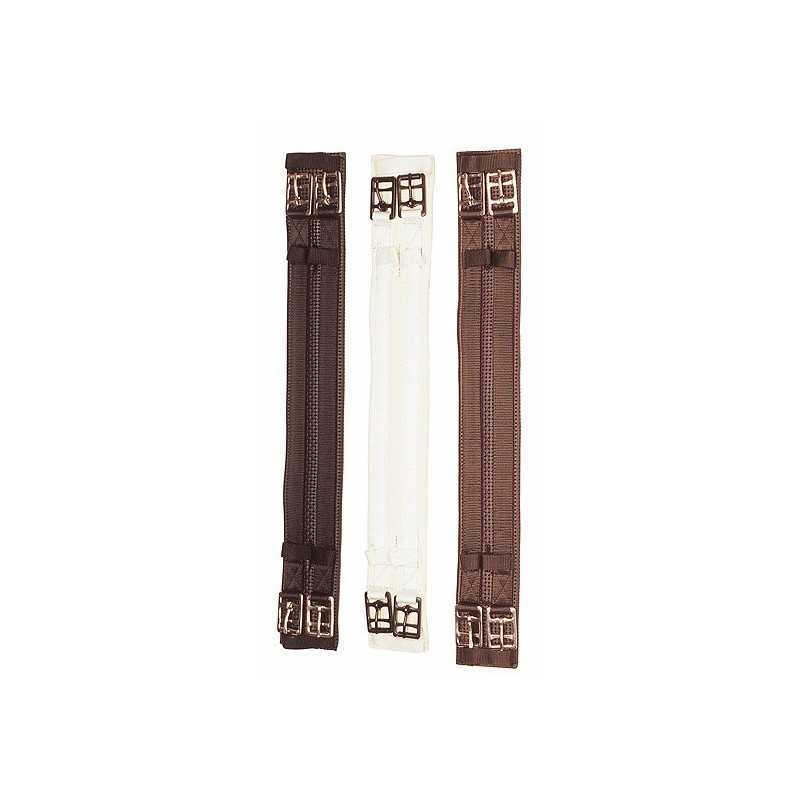 Três correias de montaria em couro sintético castanhas e branca com fivelas metálicas.