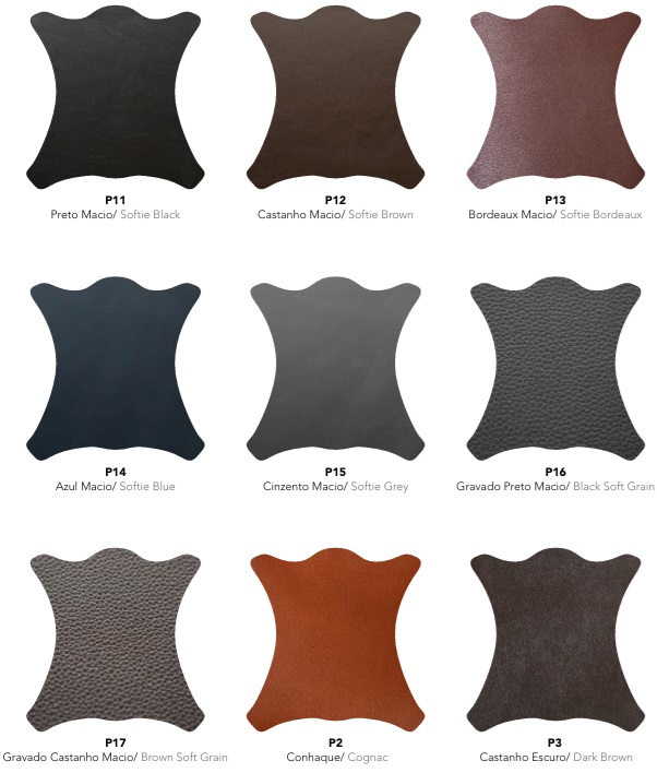 Nove amostras de couro sintético em várias cores e texturas, identificadas por código e nome em Português e Inglês.