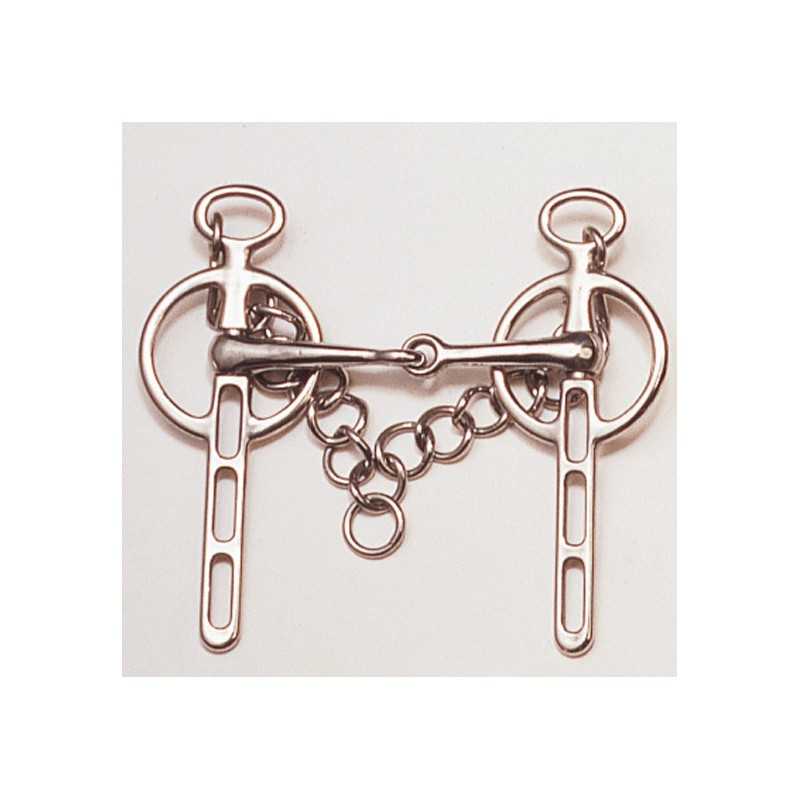 Freio metálico prateado para equitação com argolas e corrente central