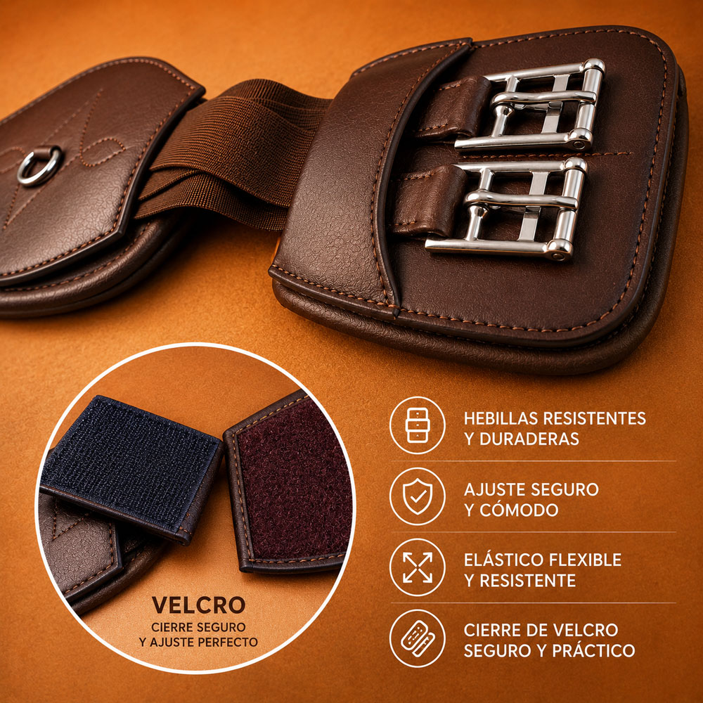 Cinto castanho em pele com fivelas metálicas e fecho Velcro