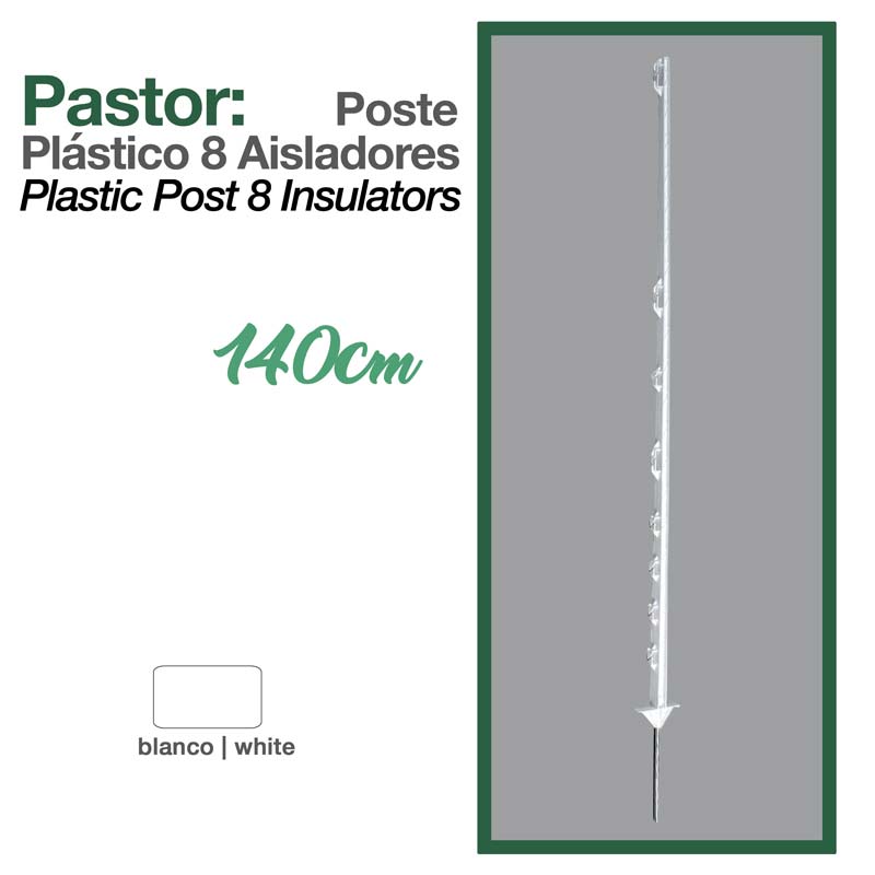 Poste de plástico branco com 8 isoladores para pastor elétrico de 140 cm