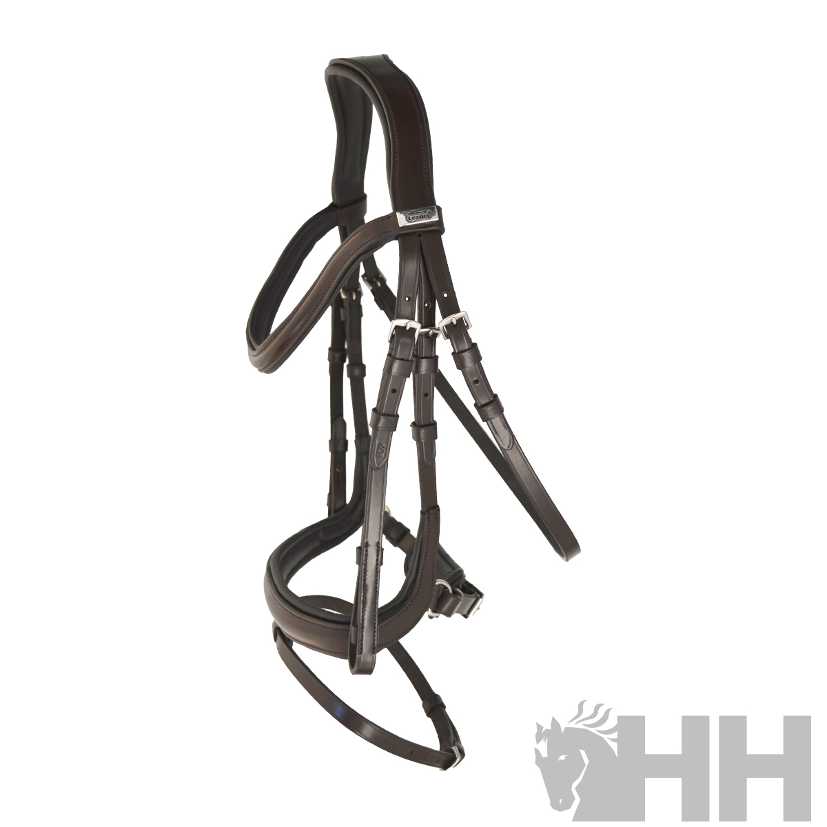 Cabresto de cavalo em couro castanho escuro com fivelas metálicas