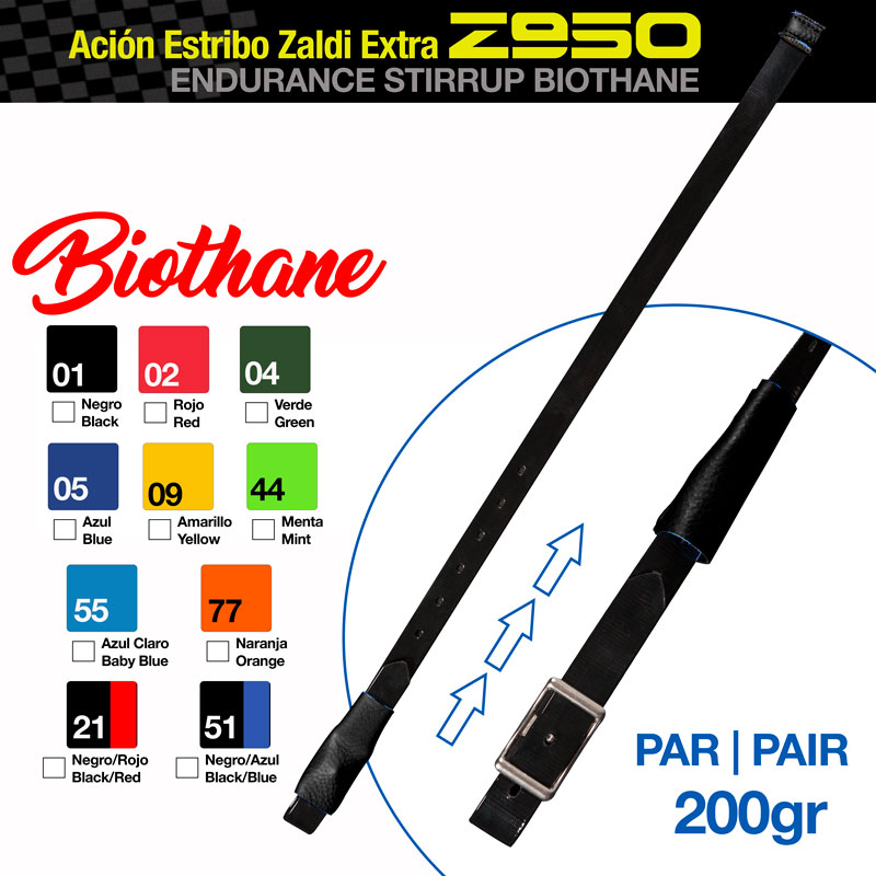 Estribo Z950 Endurance Stirrup Biothane preto com fivela metálica e tabela de cores disponíveis