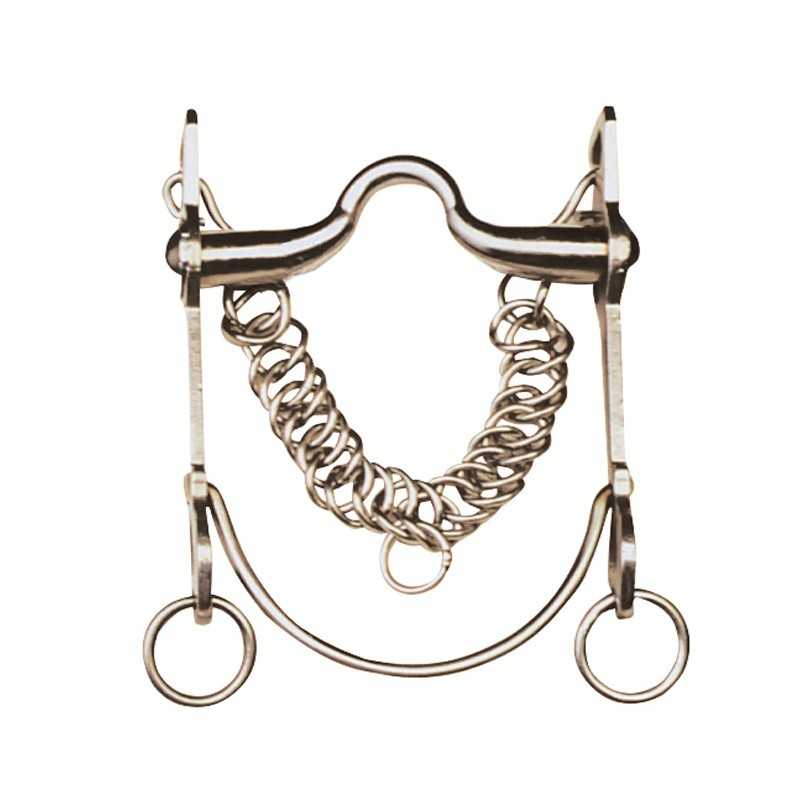 Freio metálico prateado para cavalo com corrente e anéis circulares