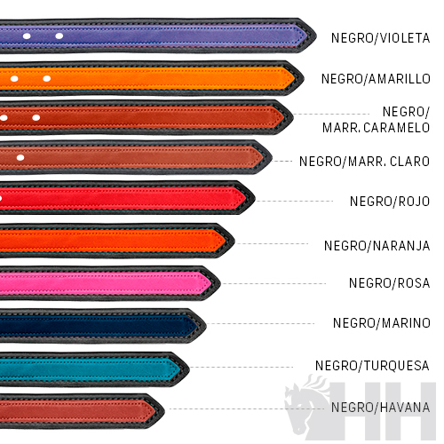 Tiras de couro coloridas com costura preta e texto indicando as combinações de cores