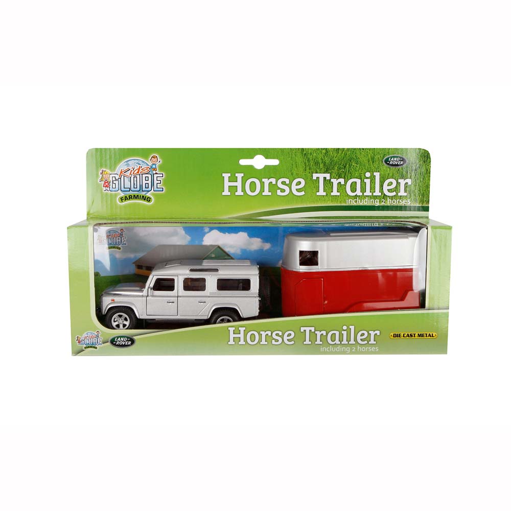 Brinquedo modelo Land Rover com reboque para cavalos em embalagem verde
