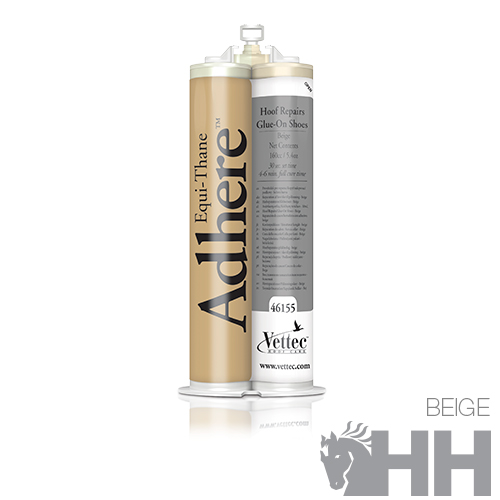 Cola Adhere Equi-Thane para cascos em embalagem dupla bege e cinza