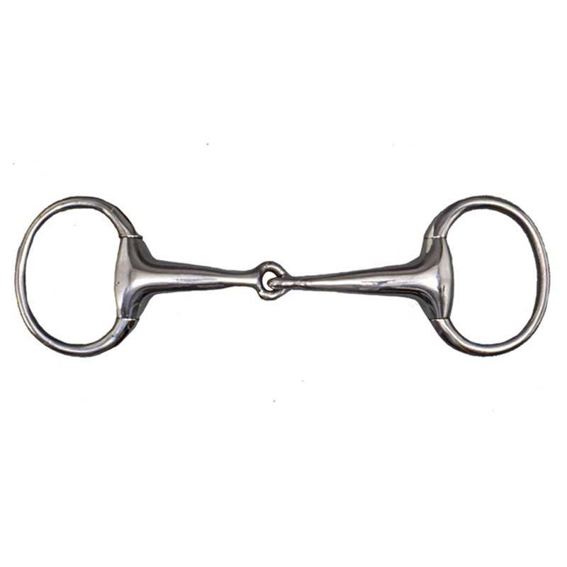 Freio prateado de metal para cavalo com argolas redondas e peça articulada ao centro