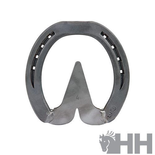 Ferradura metálica cinza com perfurações e números gravados