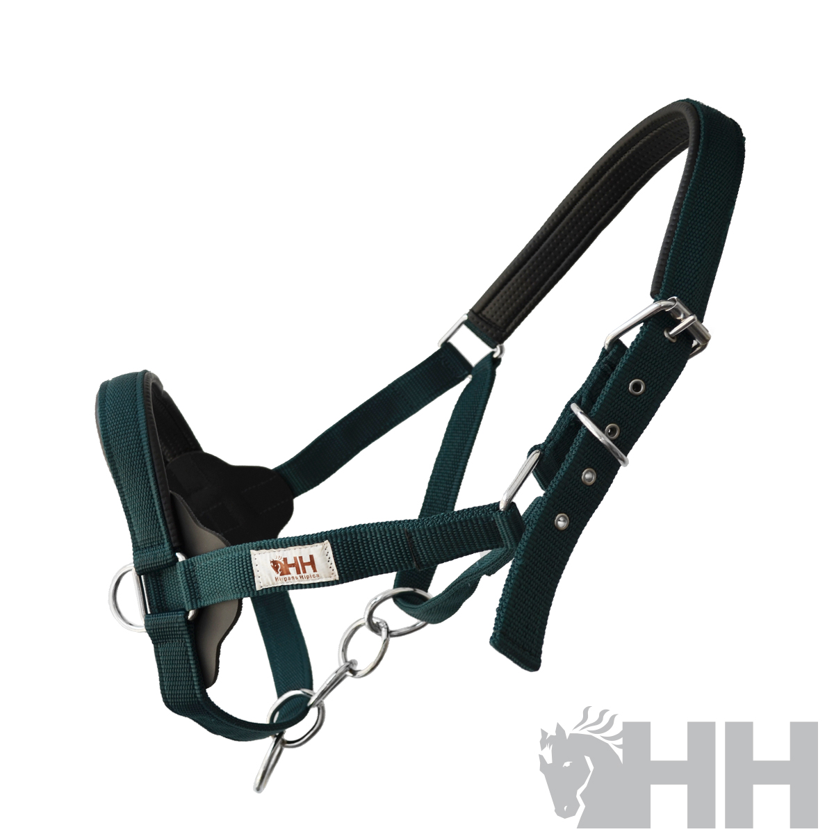 Cabresto para cavalo verde em nylon com fivelas metálicas e detalhe HH