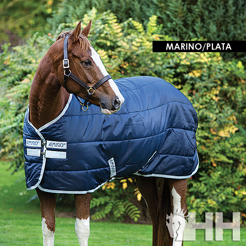 Cavalo com manta azul-marinho e prata em jardim