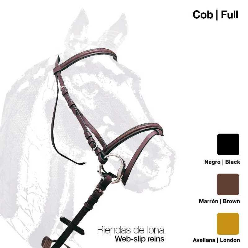 Rédea de lona para cavalo nas cores preto, castanho e caramelo com detalhes metálicos.