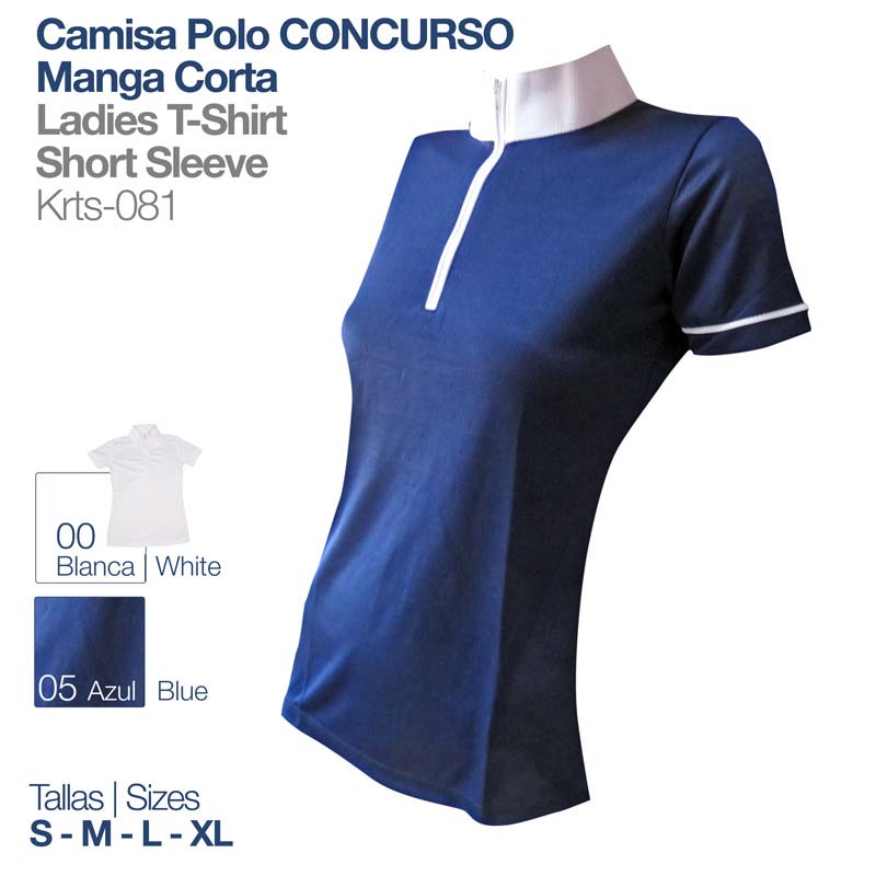 Camisola polo feminina azul de manga curta com fecho branco na gola