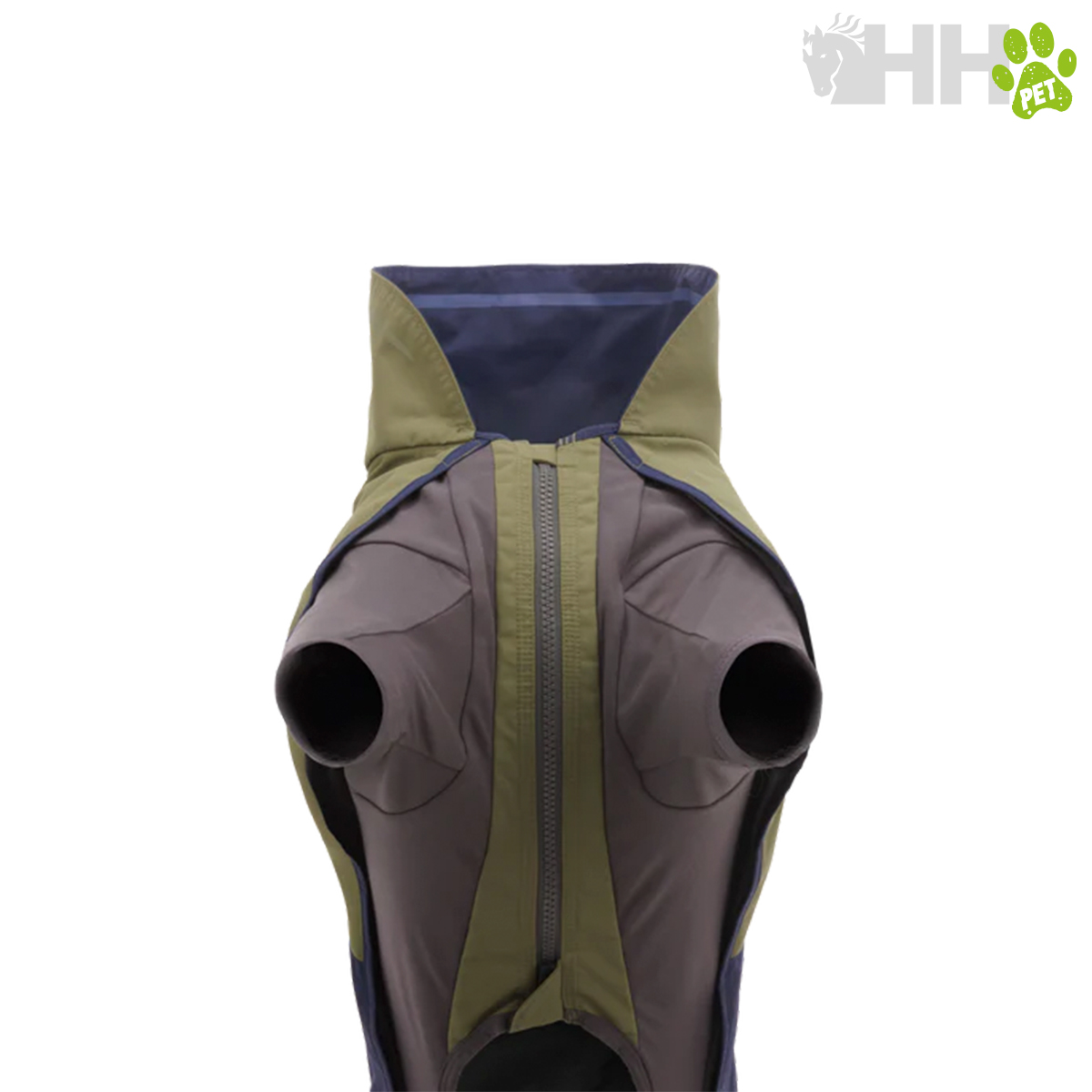Roupa para cão cinza, verde e azul escuro com zíper e gola alta