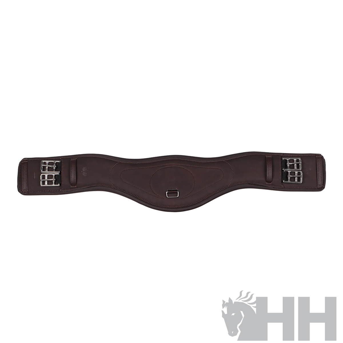 Correia de sela castanho escuro com fivelas metálicas prateadas
