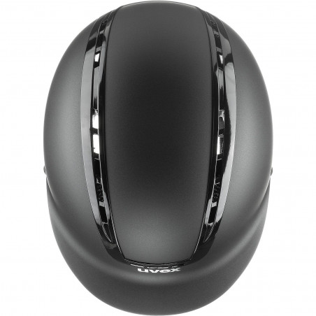 Capacete preto fosco com ranhuras para ventilação e logo 'uvex'
