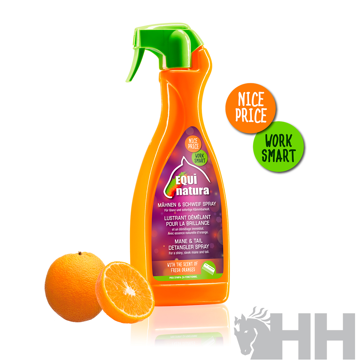 Spray laranja Equi Natura com tampa verde e laranjas ao lado