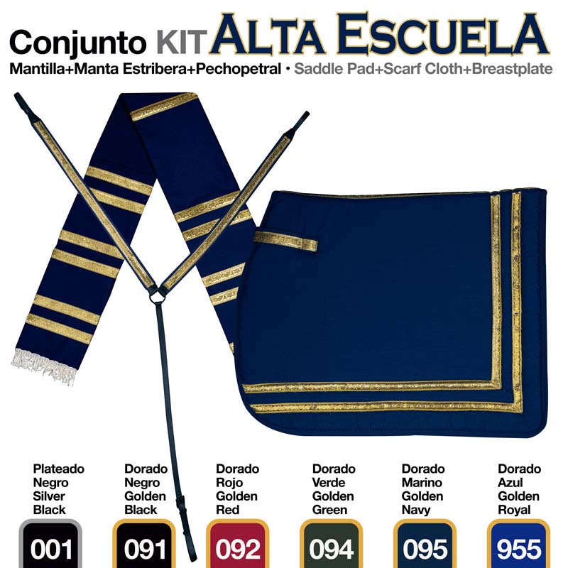 Conjunto ALTA ESCUELA manta estribera e pechopetral azul marinho com detalhes dourados