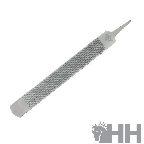Lima metálica para cavalos cinzenta com textura áspera e cabo com ponta estreita, logotipo HH