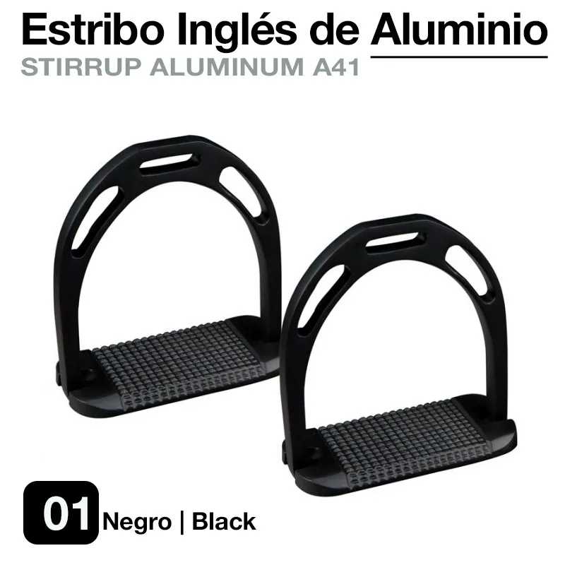 Par de estribos ingleses de alumínio preto com base texturizada