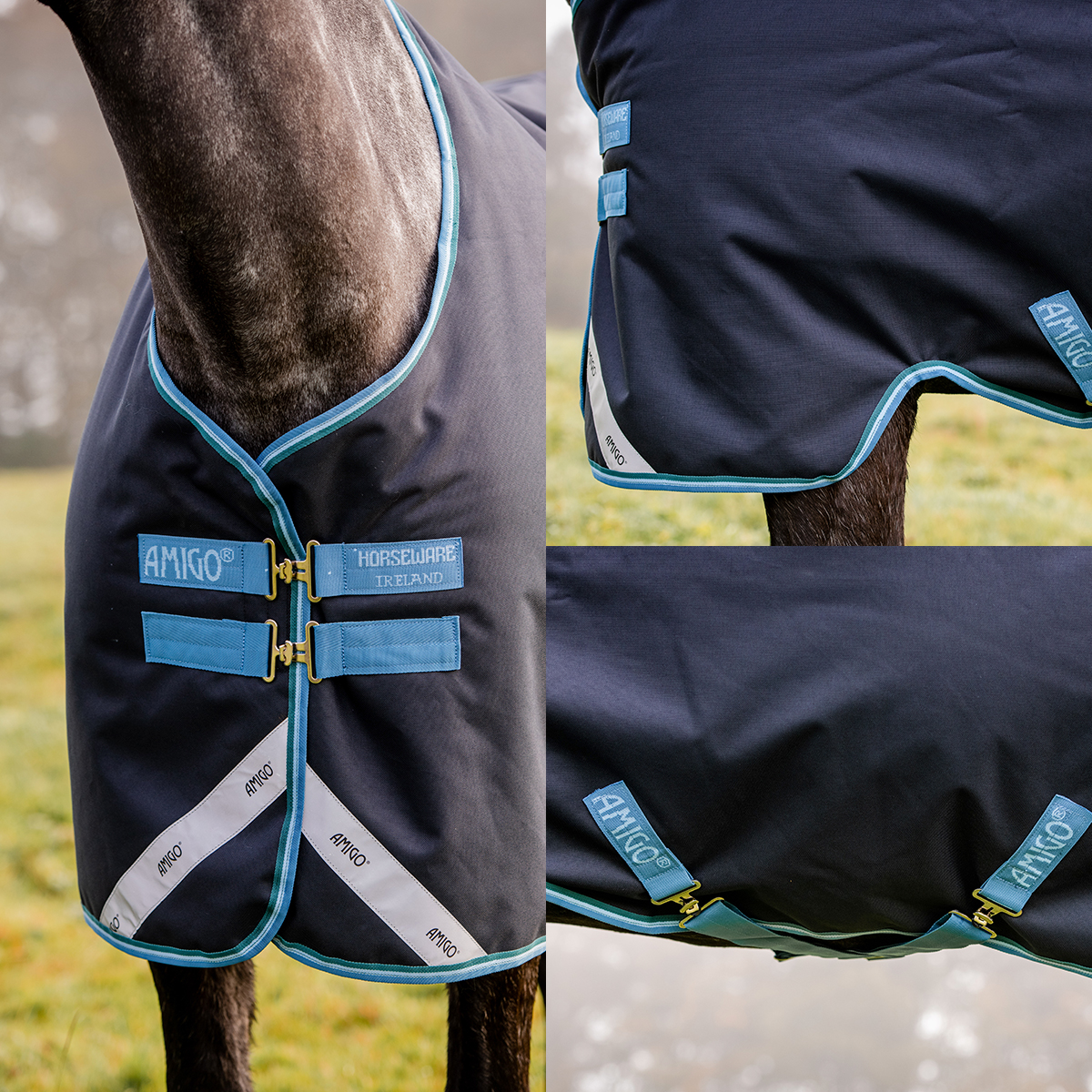 Cobertura para cavalo azul escuro com bordas e fechos azuis claros