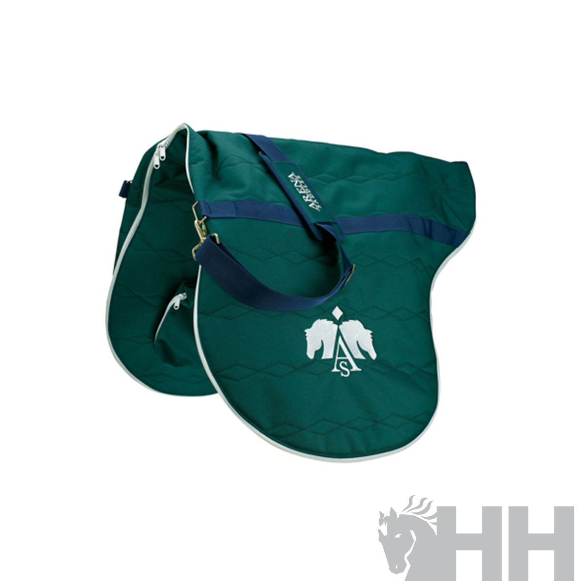Sela de couro verde acolchoado com logo branco de cavalo e alça azul escuro