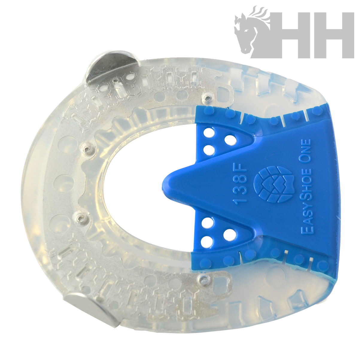 Ferradura plástica transparente e azul com texto EASY SHOE ONE