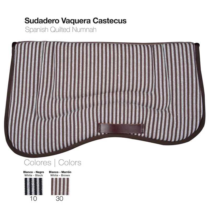 Tapete para sela de cavalo riscado castanho e branco de tecido acolchoado com acabamento castanho escuro