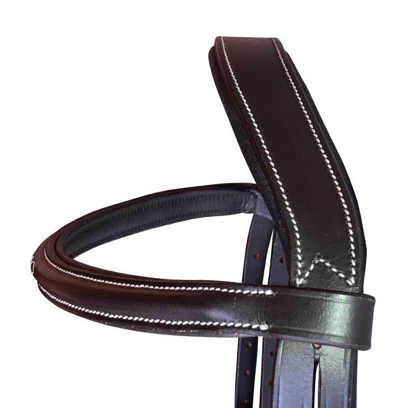 Freio de cavalo em couro preto com costura branca, tirantes e peça superior