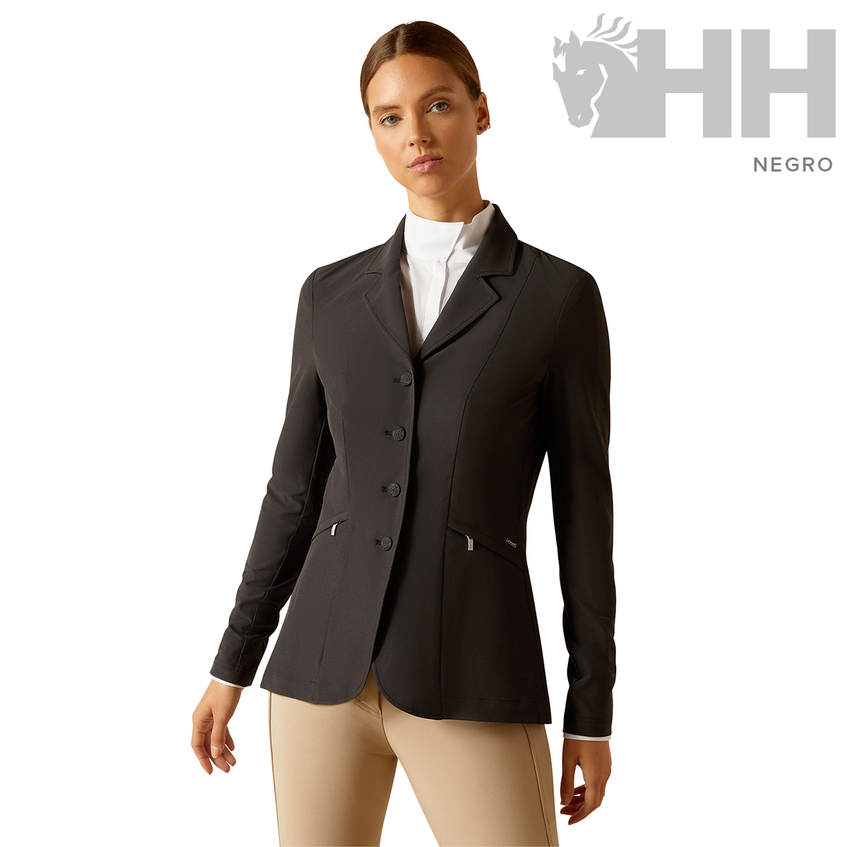 blazer feminino preto com botões frontais e lapelas