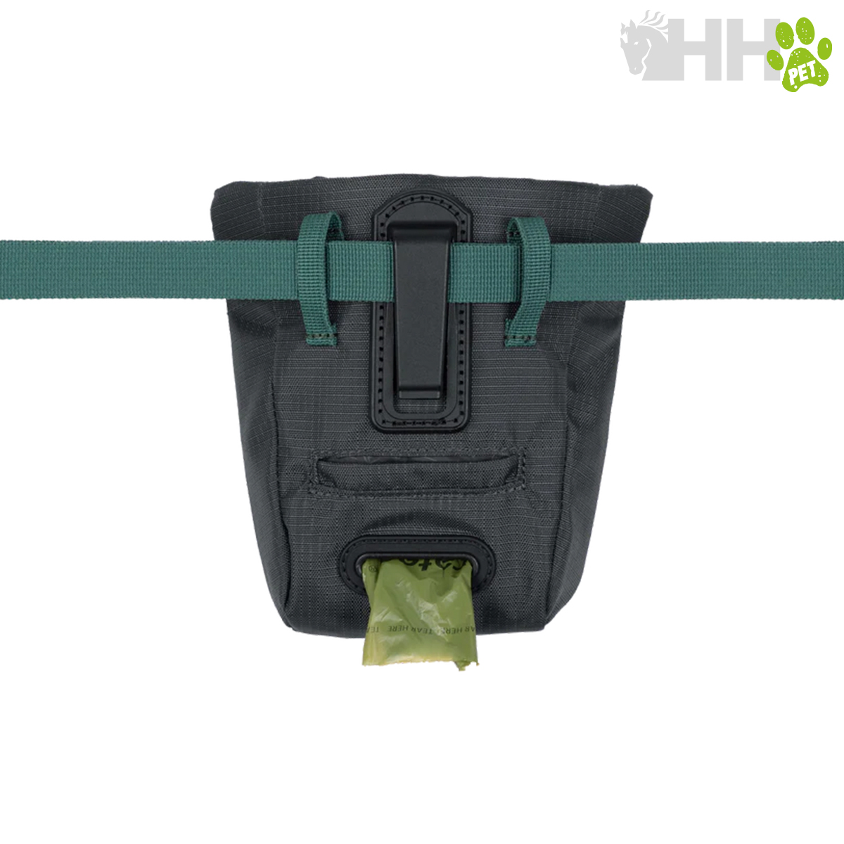Bolsa dispensadora de sacos para cão preta com cinto verde