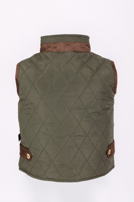 Colete acolchoado verde com detalhes castanhos em fundo branco