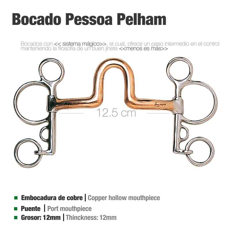 Bocado Pessoa Pelham de cobre e metal com 12,5 cm e espessura 12mm, com várias argolas para correias