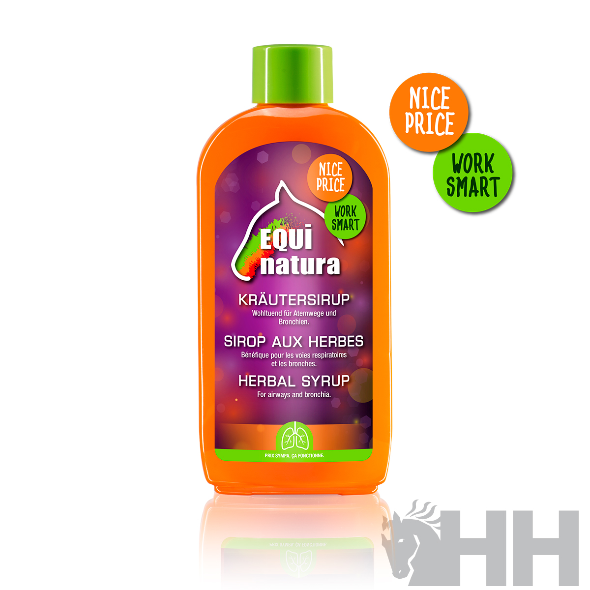 Frasco de xarope herbal Equi Natura com tampa verde e rótulos com textos em várias línguas