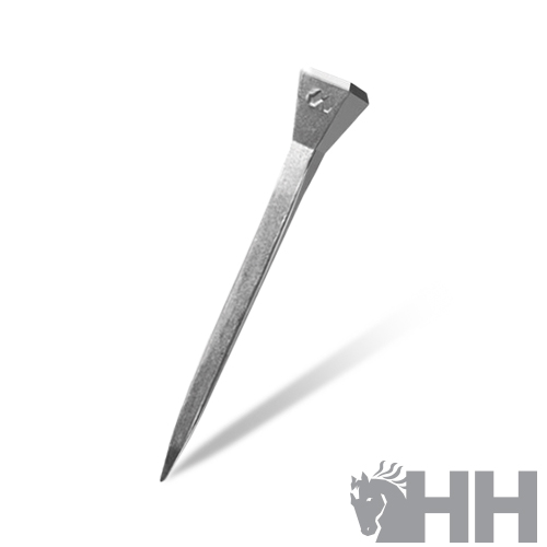 Prego metálico prateado com sombra e logótipo HH