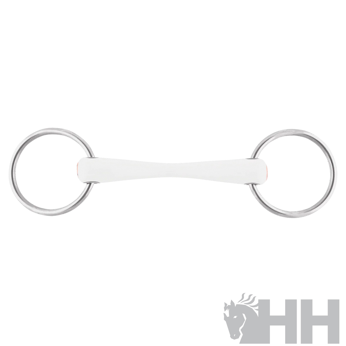 Freio de metal com argolas e peça central branca, equipamento de equitação